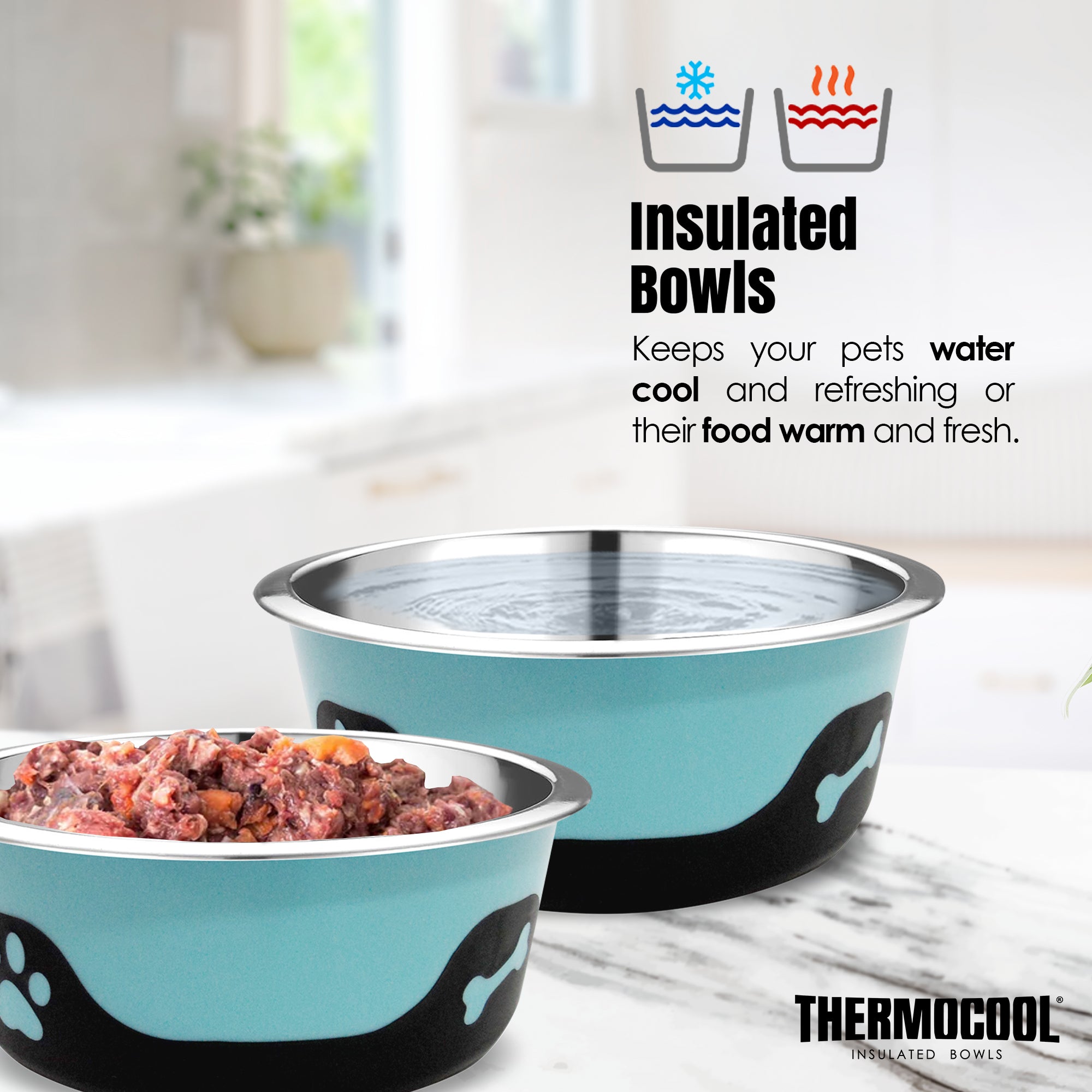 Thermocool Insulated Pet Bowls, No-Skid Base (Blue)