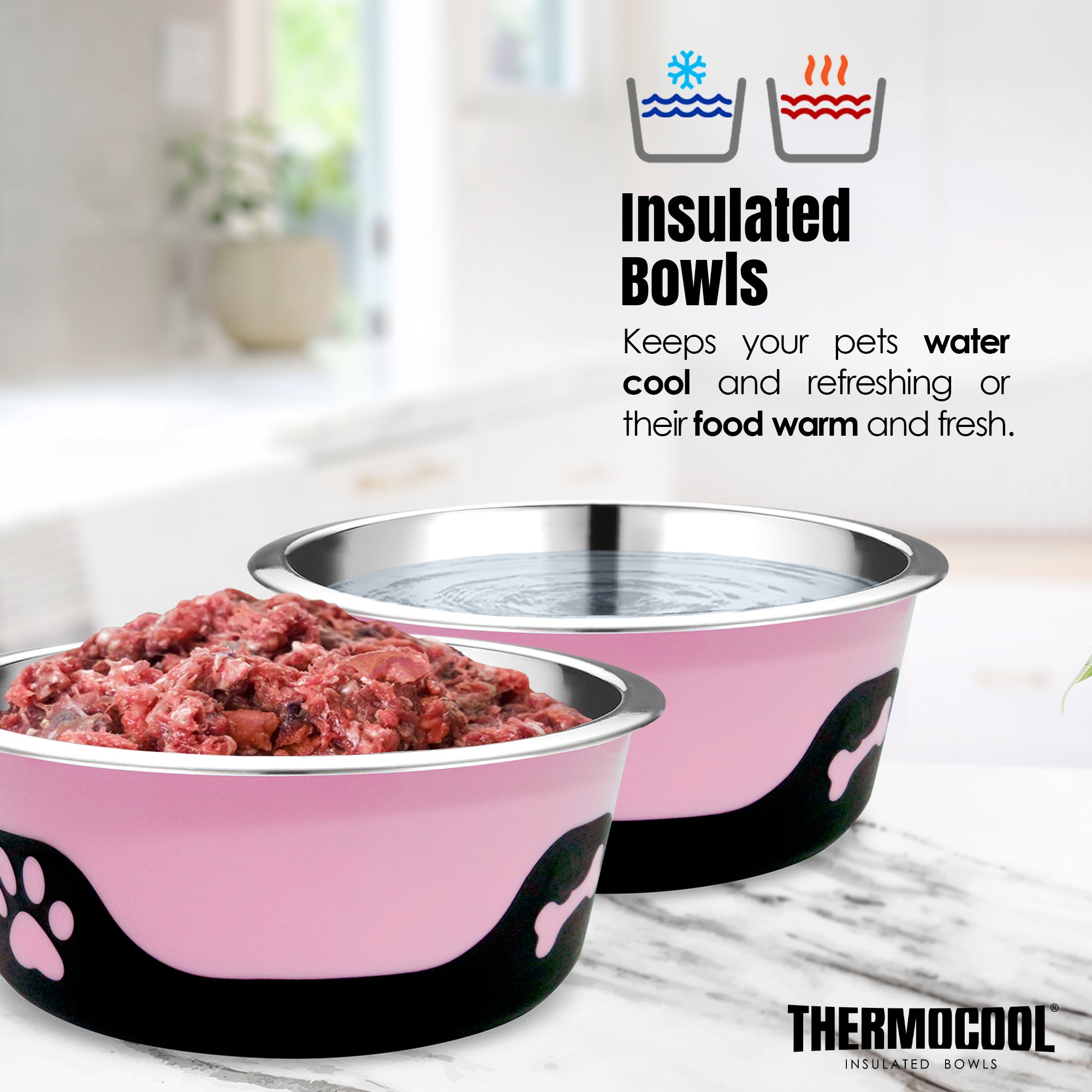 Thermocool Insulated Pet Bowls, No-Skid Base (Pink)