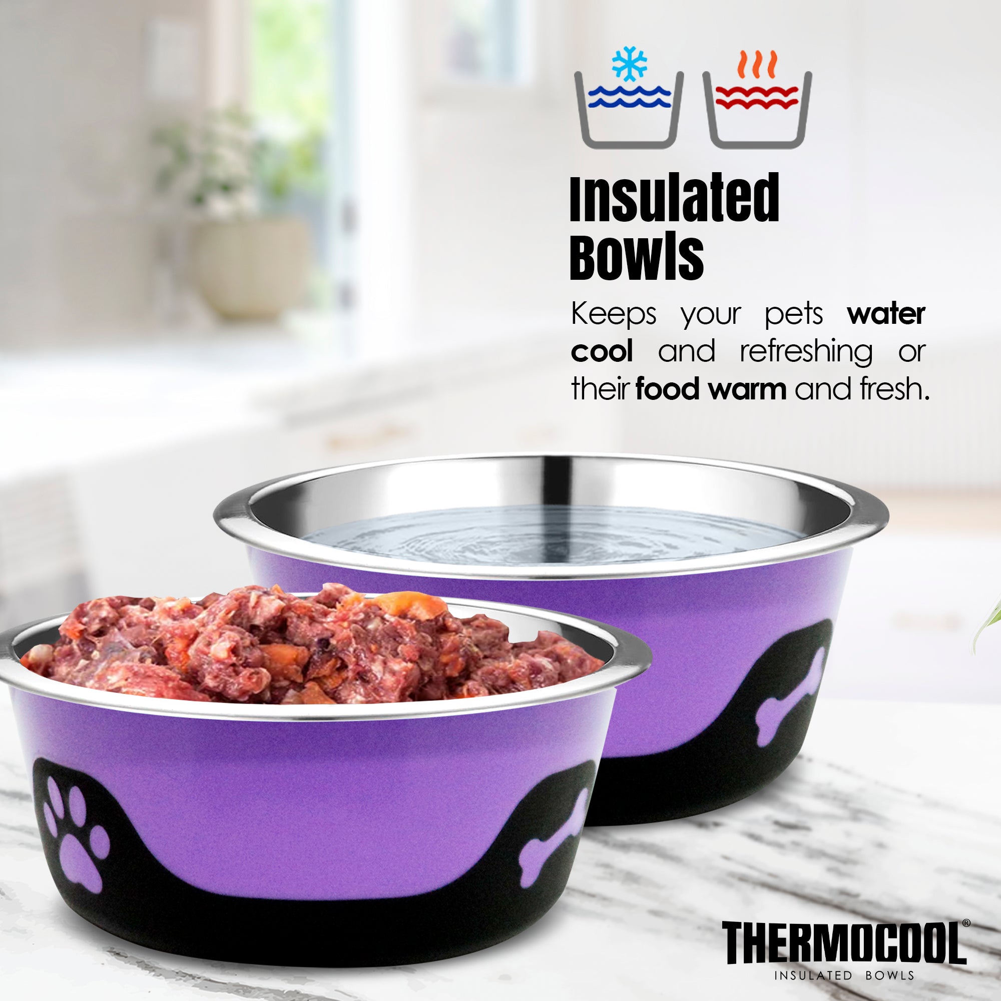 Thermocool Insulated Pet Bowls, No-Skid Base (Purple)