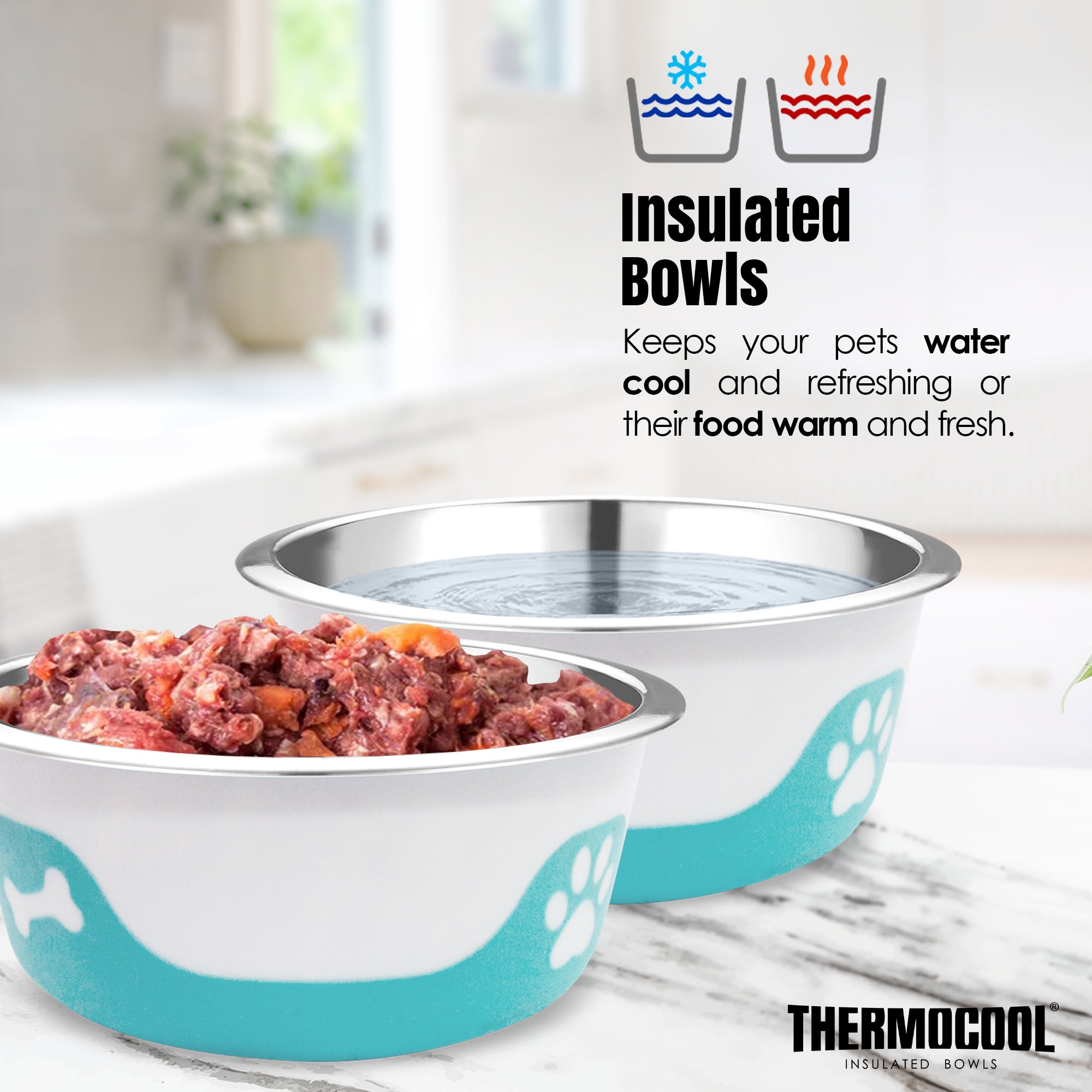 Thermocool Insulated Pet Bowls, No-Skid Base (Light Blue)