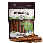 Package of Moodog beef sausages for dogs with visible sausages on a white background