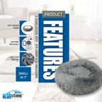 Gray pet bed with features listed on a blue background, brand 'Archstone Collections' visible.