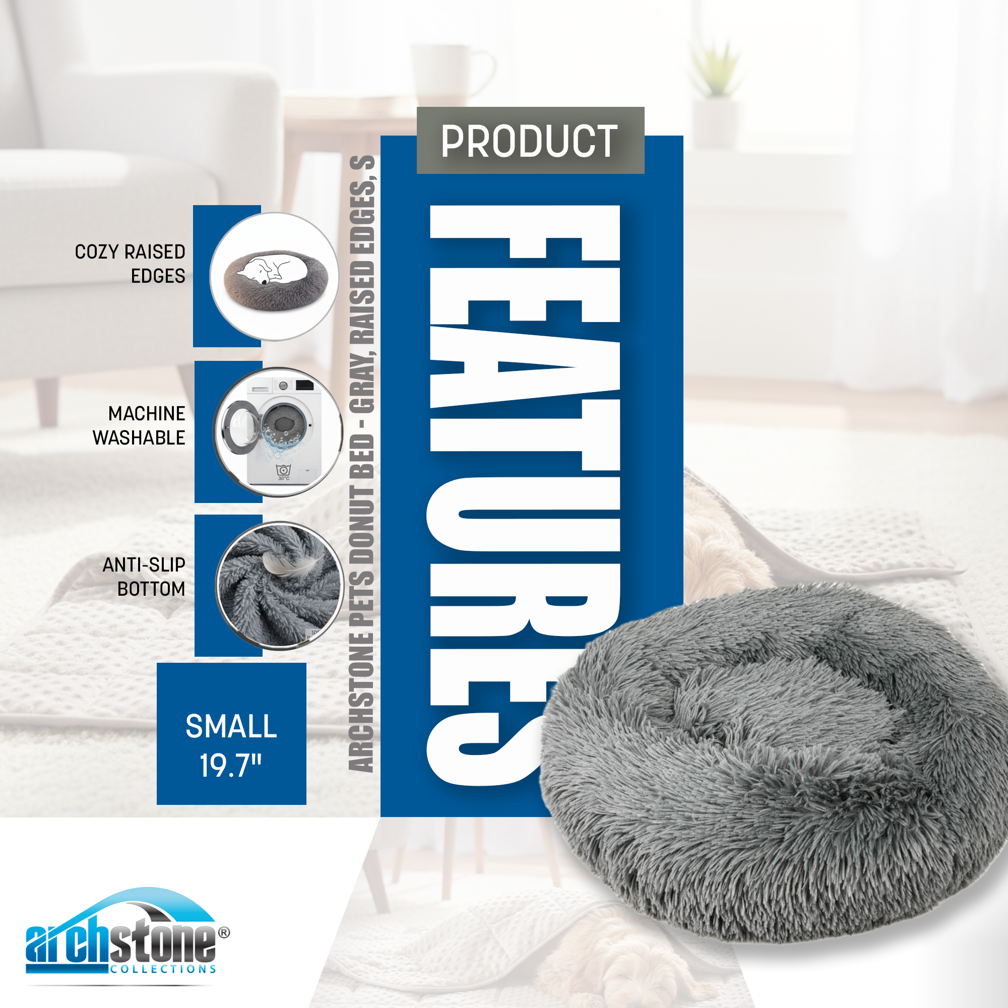 Gray pet bed with features listed on a blue background, brand 'Archstone Collections' visible.