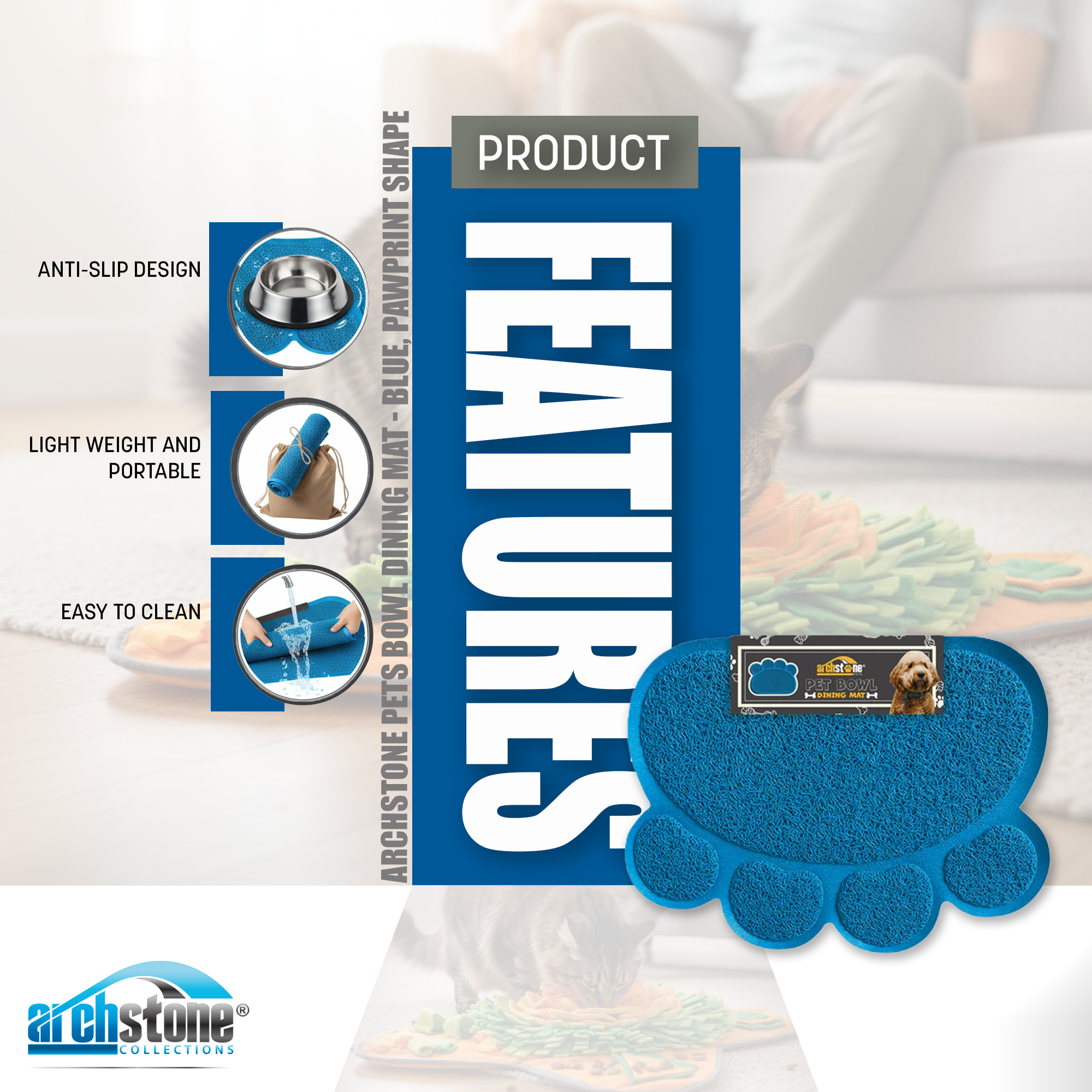 ArchStone Pet - Pet Dining Mat - Blue, Pawprint Shape