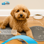 Dog sitting on a gray pawprint shape mat with Archstone Collection branding.