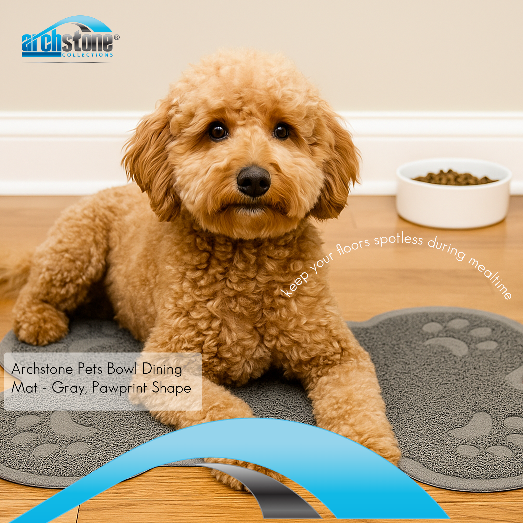 Dog sitting on a gray pawprint shape mat with Archstone Collection branding.