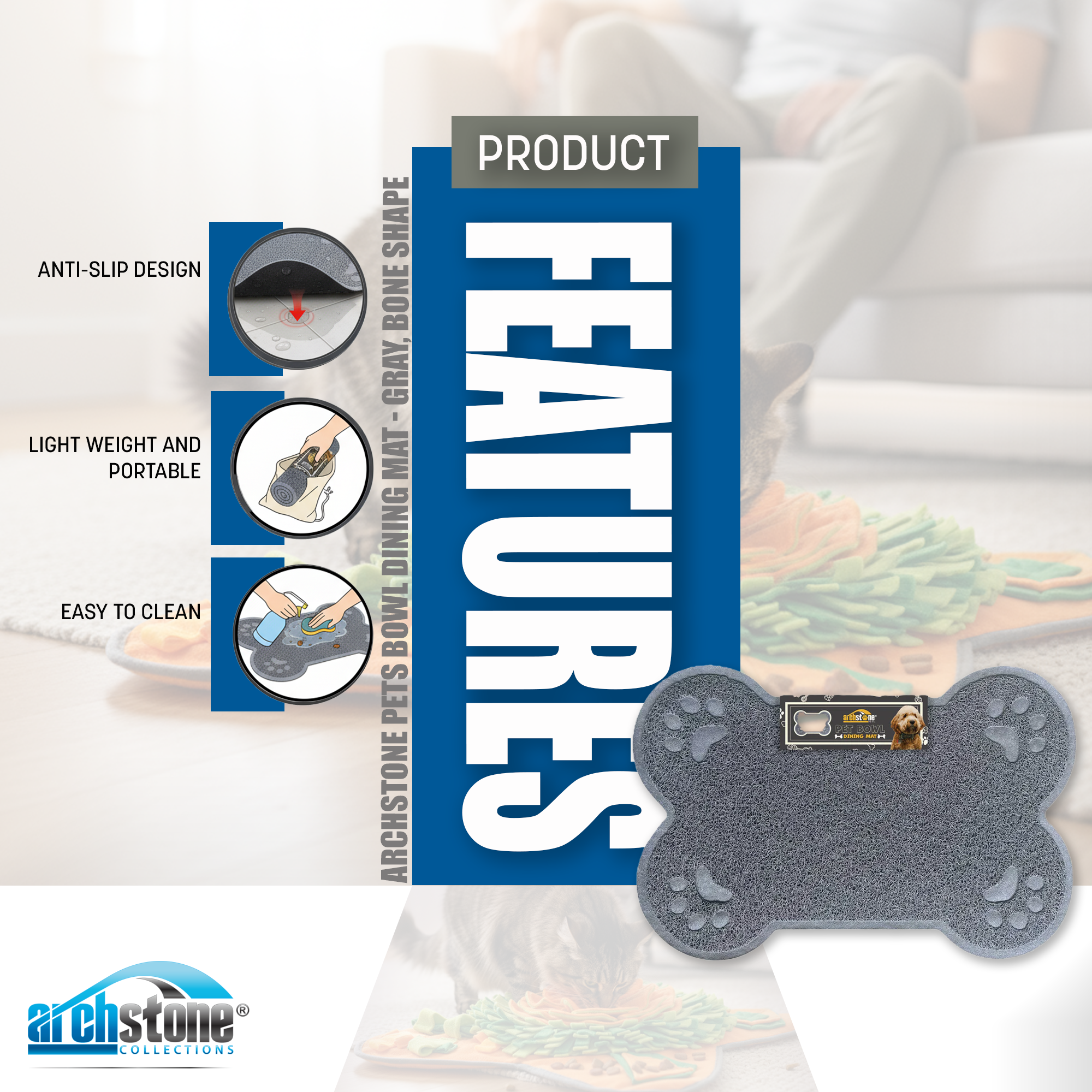 Product features of a pet bowl with archstone branding on a blurred dining table background.