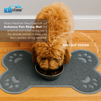 Dog eating from a bowl on an Archstone Pets dining mat with text about the product's features.