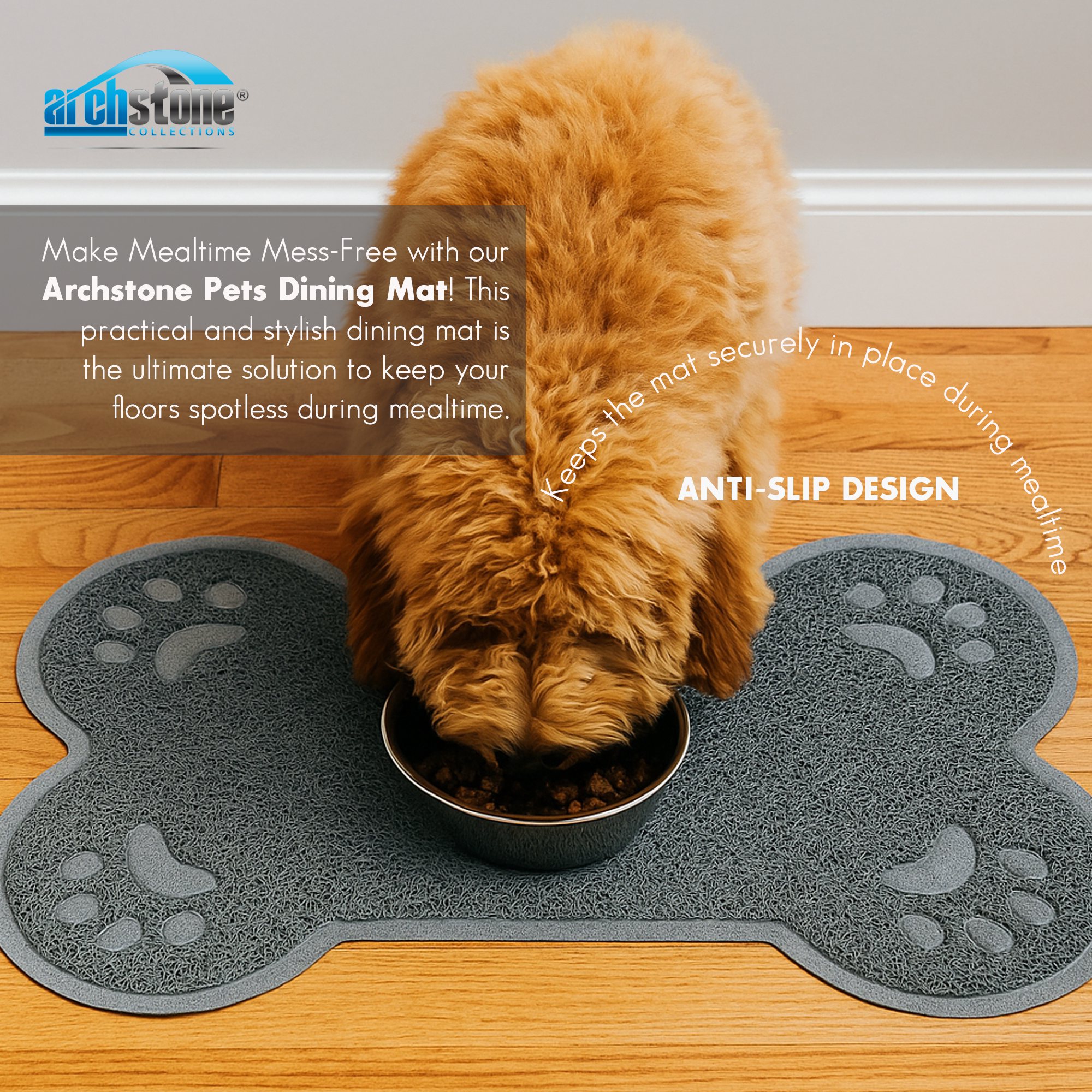 Dog eating from a bowl on an Archstone Pets dining mat with text about the product's features.