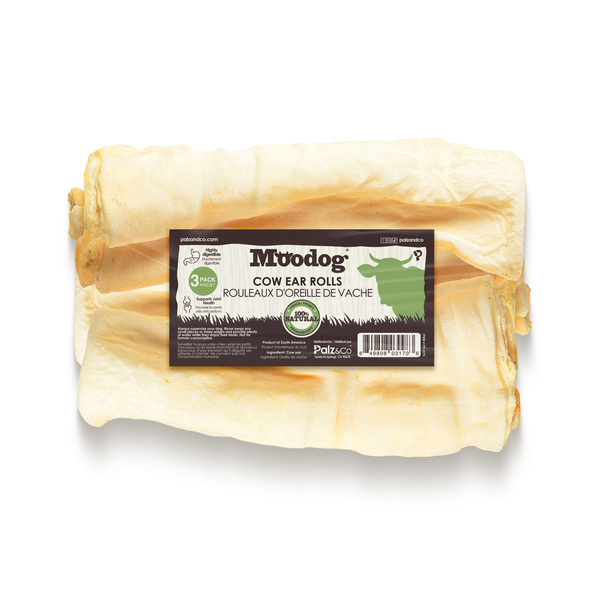 Moodog Beef Cow Ear Rolls, Pack of 3