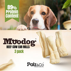 Moodog Beef Cow Ear Rolls, Pack of 3