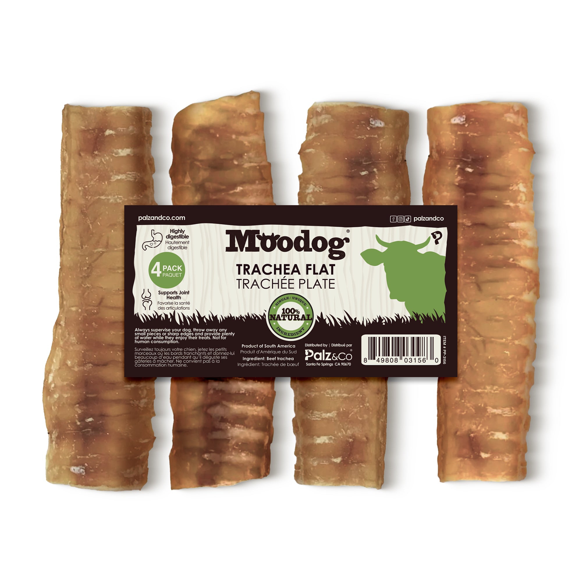 Natural 6x2 beef trachea chew treats – Moodog 4 pack