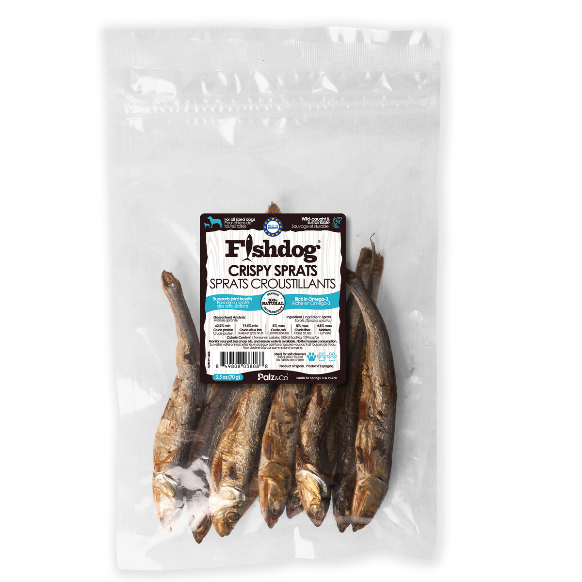 Fishdog Crispy Sprats Dog Treats – Whole Wild-Caught Fish Snacks for Dogs – All-Natural, Omega-3 Rich, Single Ingredient – 2.5 oz (70g) by Palz&Co