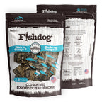 Two packages of Fishdog Cod Skin Bites on a white background