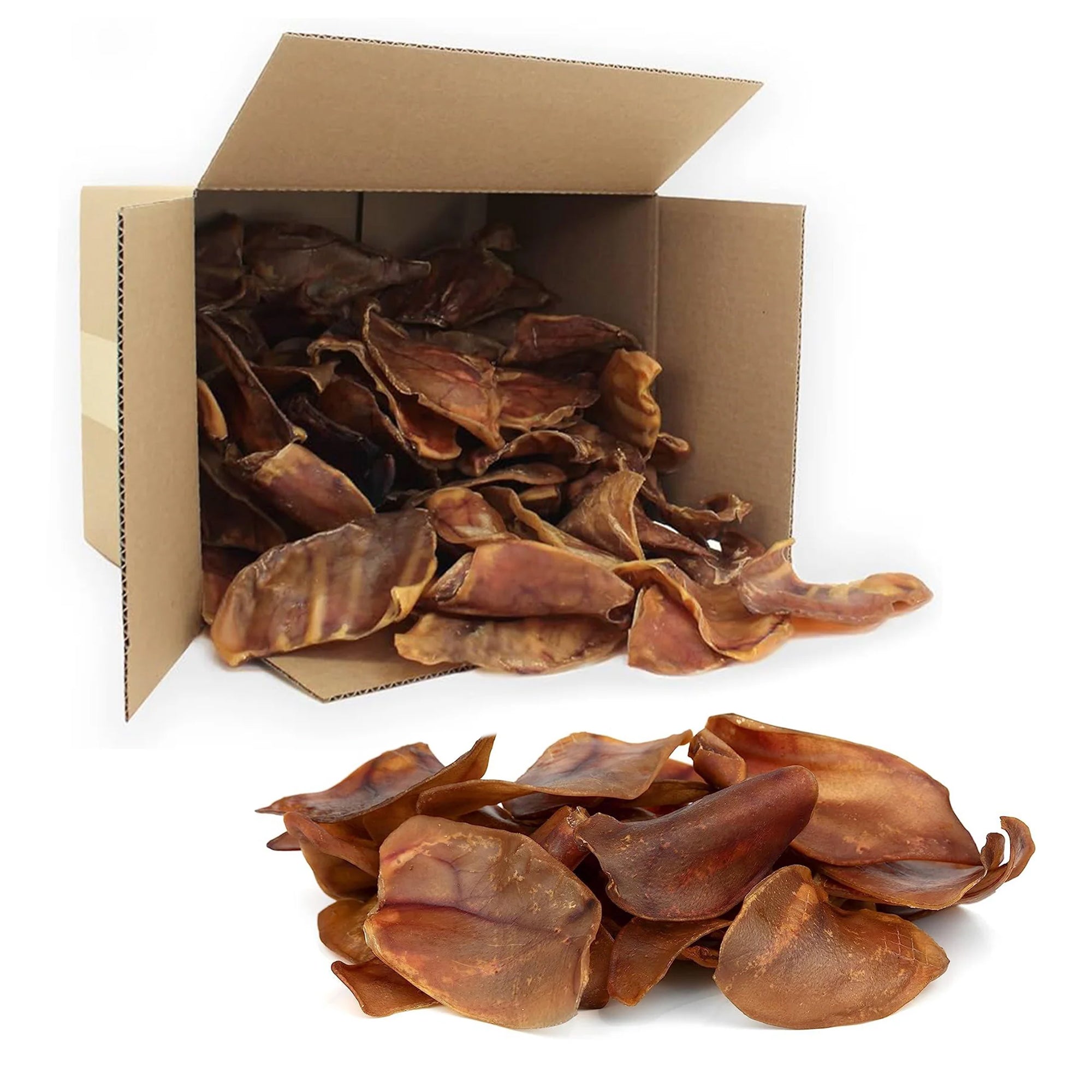 Box of dried dog treats with some outside the box on a white background