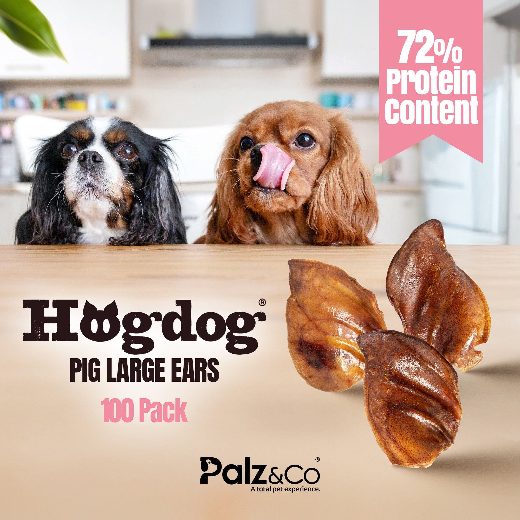 Two dogs looking at Hogdog Pig Large Ears with a kitchen background and protein content text.
