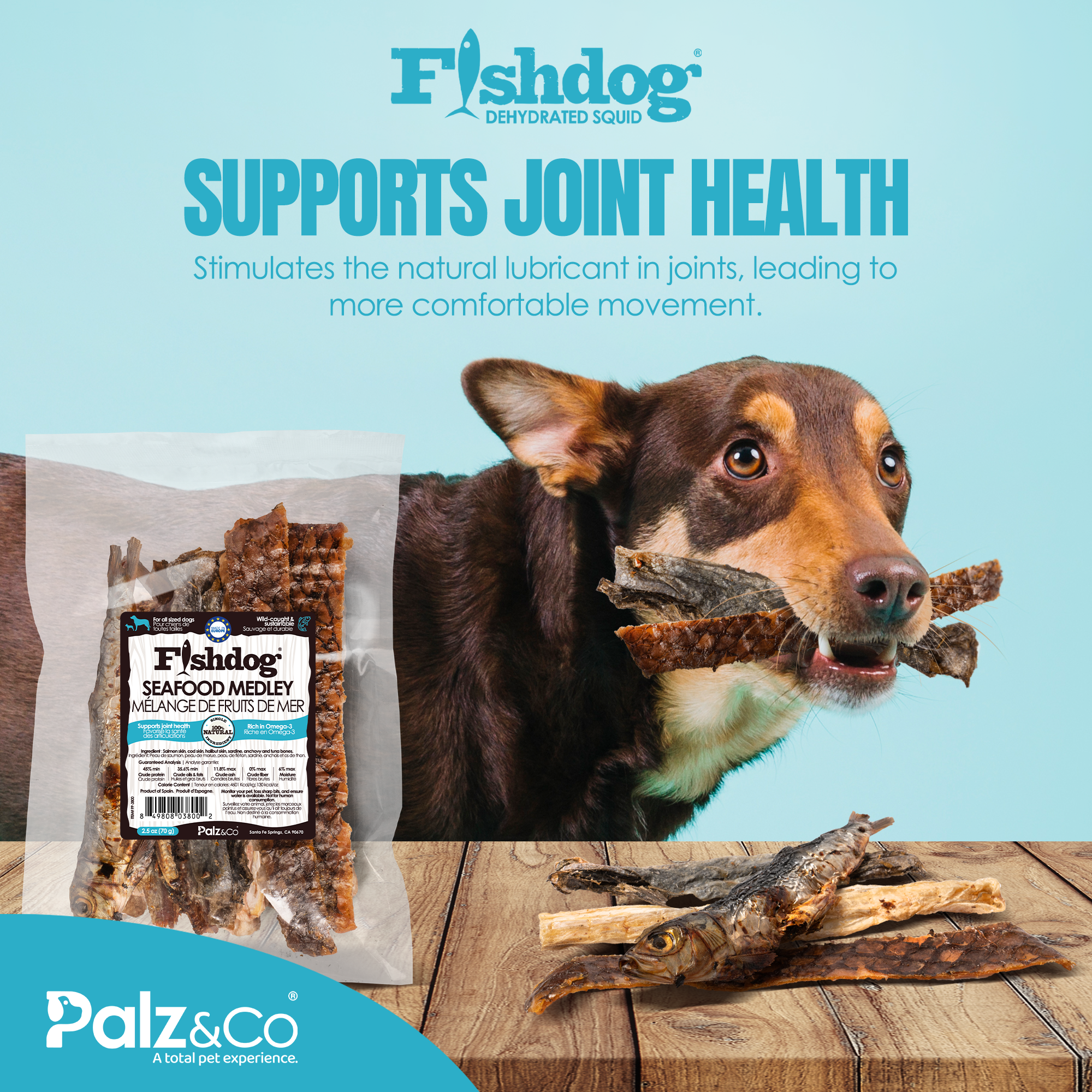Fishdog dehydrated squid product with a dog eating it, on a light blue background.