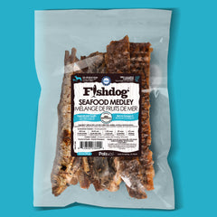 Packaged Fishdog Seafood Medley on a blue background