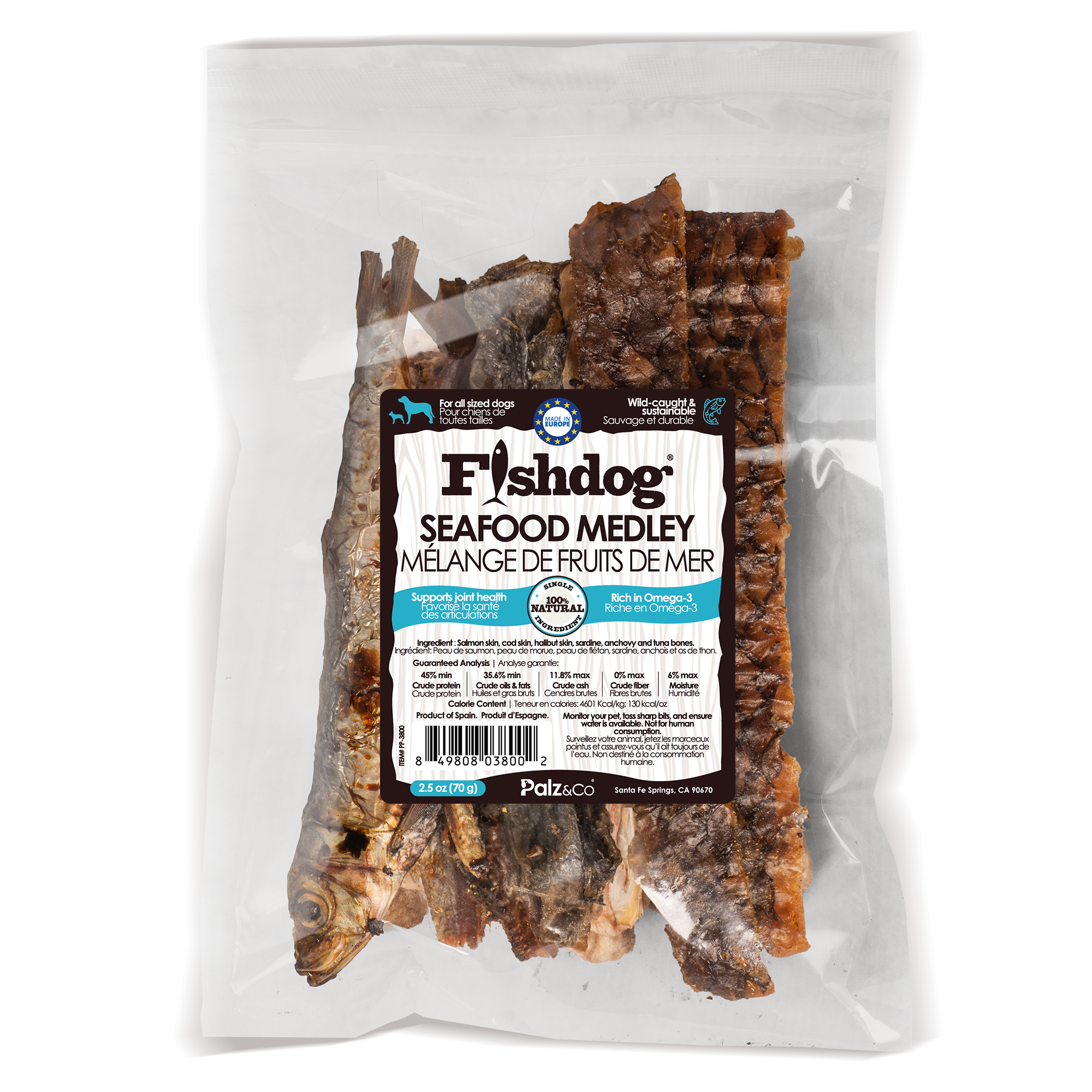 Fishdog Seafood Medley 2.5 oz - Natural Salmon Skin , Cod Skin, Halibut Skin, Sardine, Anchovy & Tuna Bones