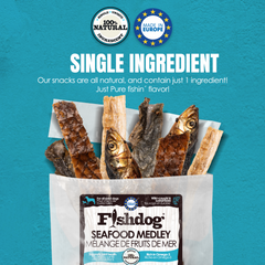 Fishdog Seafood Medley 2.5 oz - Natural Salmon Skin , Cod Skin, Halibut Skin, Sardine, Anchovy & Tuna Bones