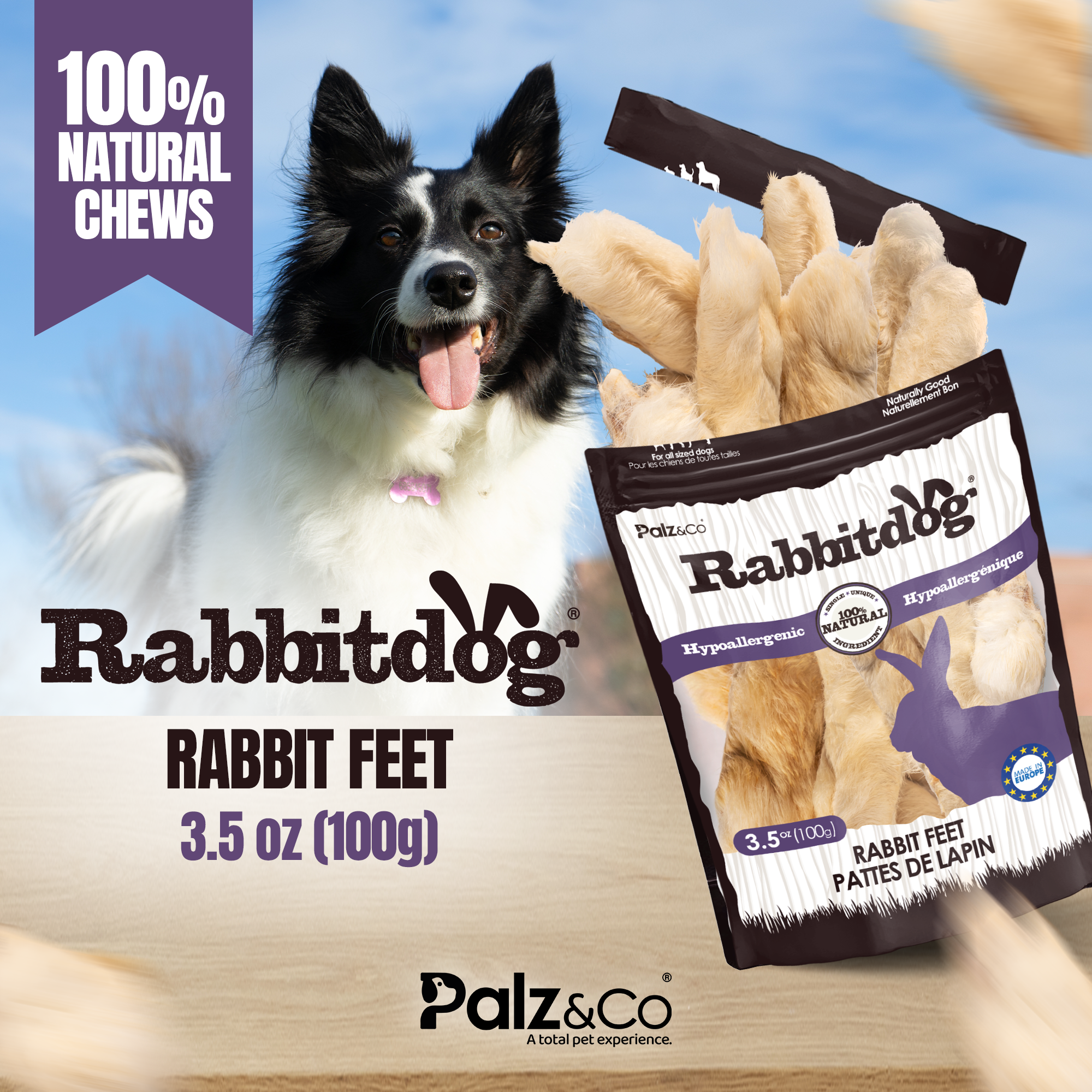 Rabbitdog Rabbit Feet with Fur - 3.5 oz (100g)