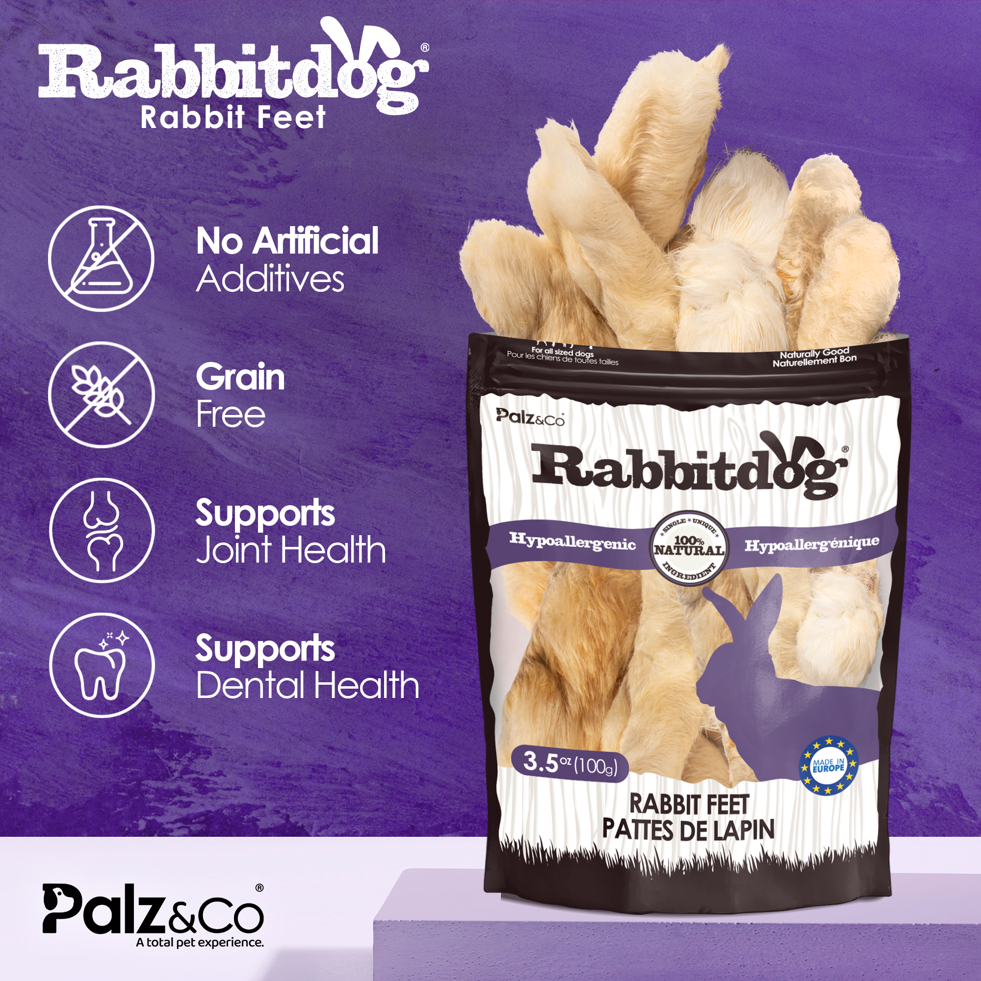 Rabbitdog Rabbit Feet with Fur - 3.5 oz (100g)