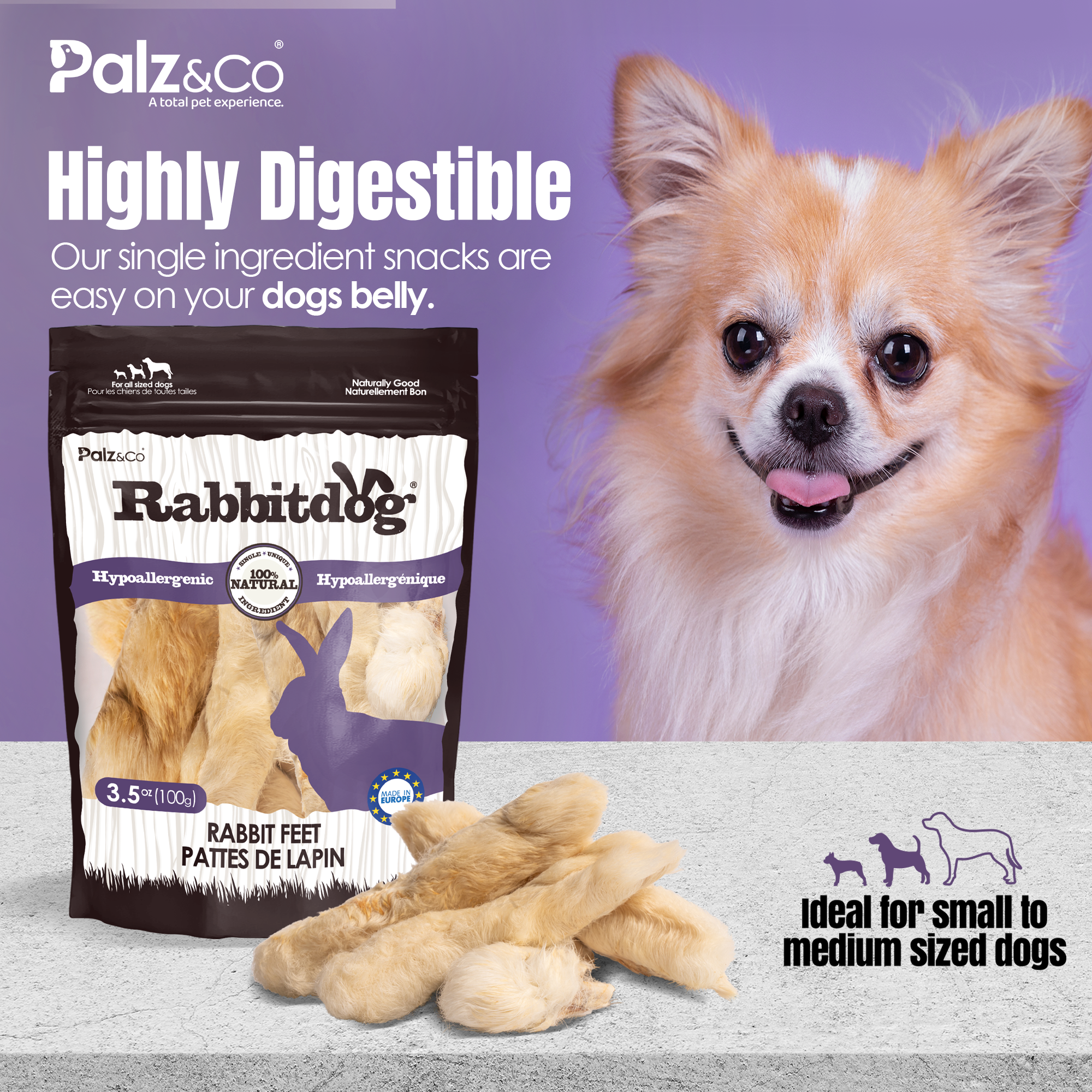Rabbitdog Rabbit Feet with Fur - 3.5 oz (100g)