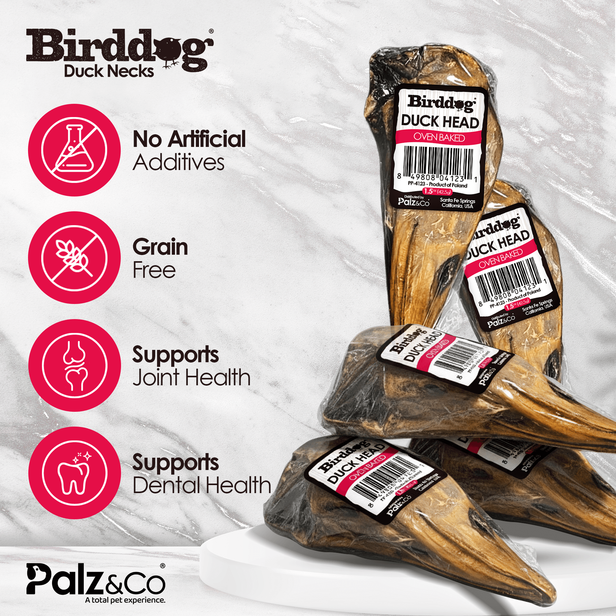 Birddog Duck Neck treats with labels on a white background
