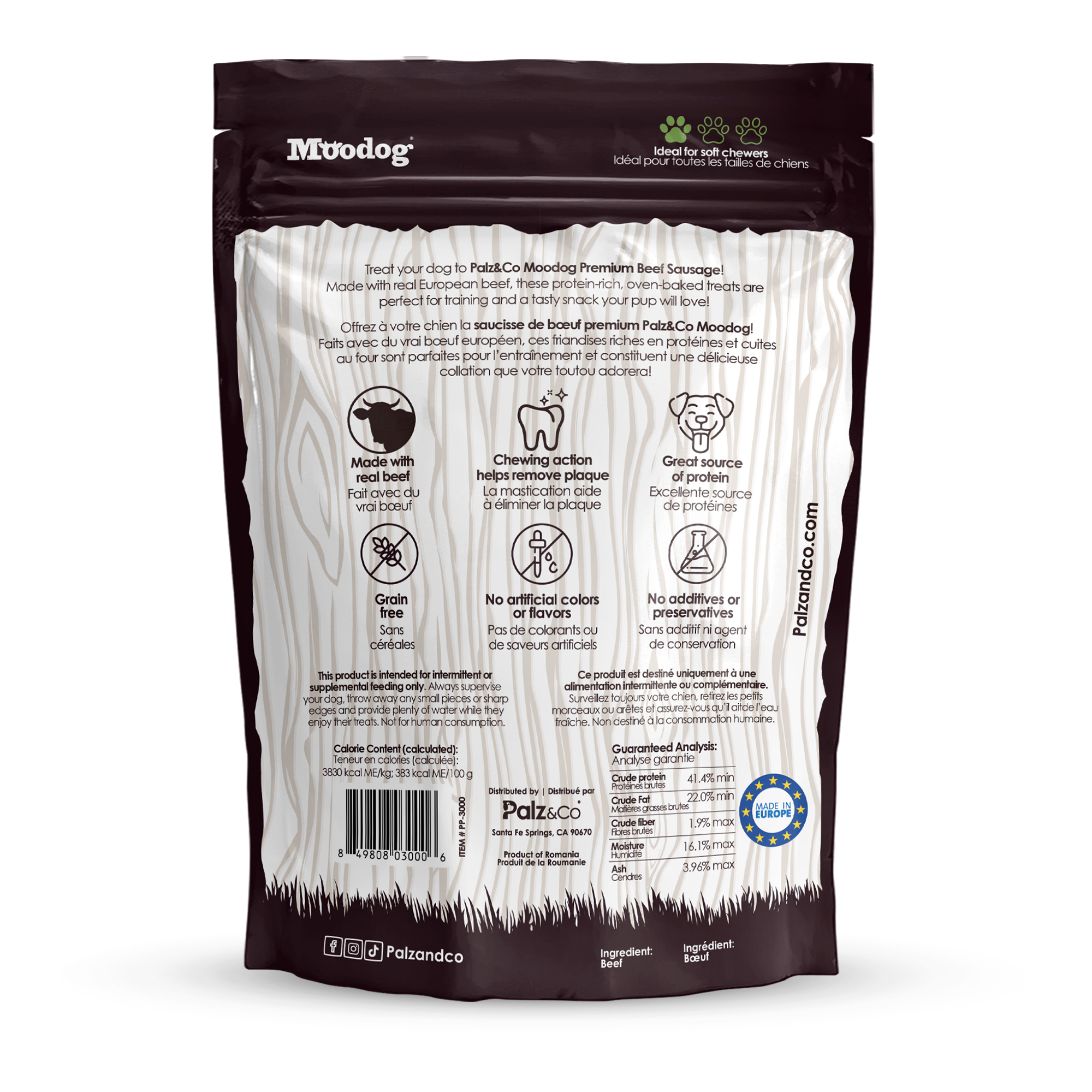 Back view of a Muodog pet food package with text and branding.