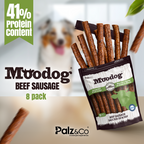 Moodog beef sausage packaging with a dog in the background