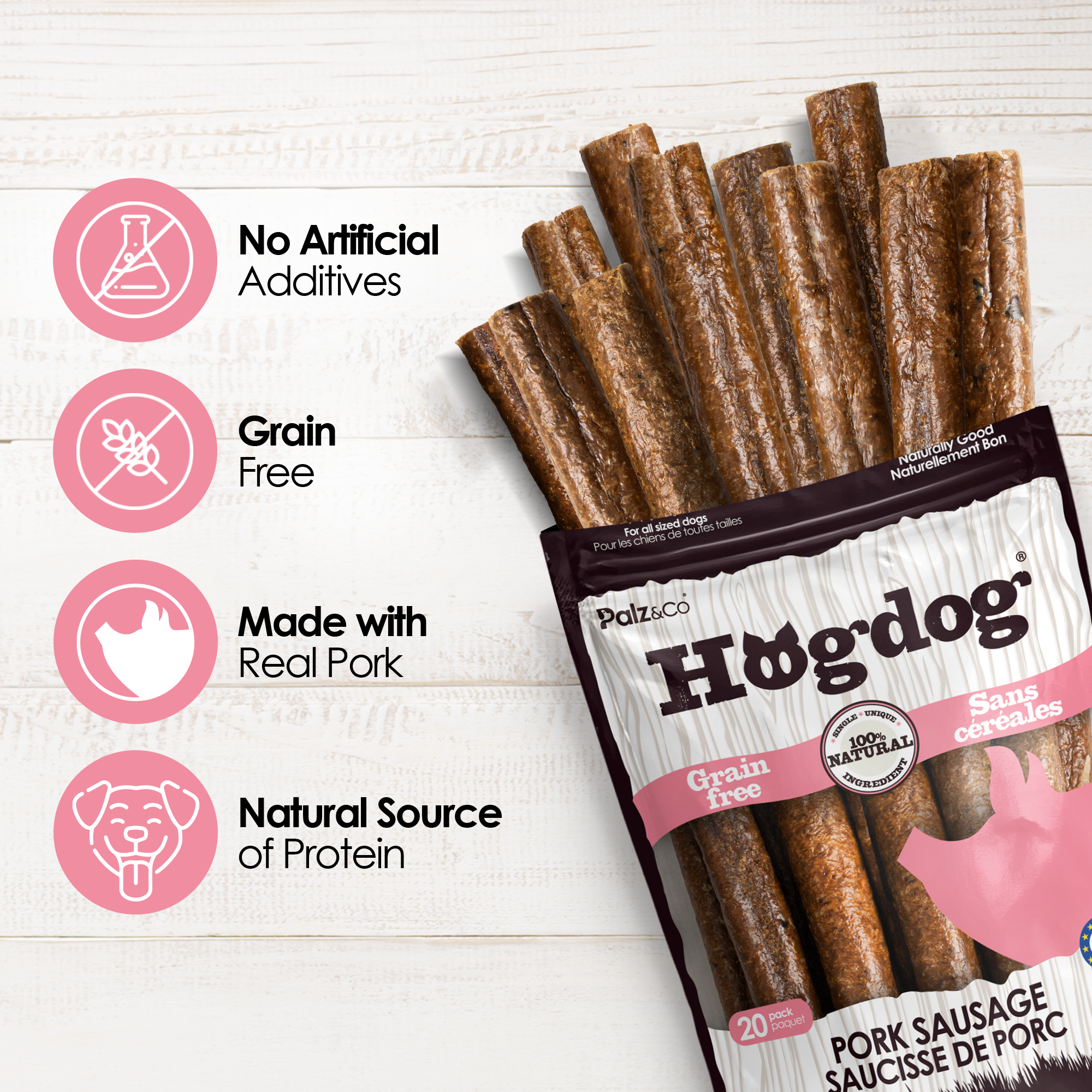 Hogdog Pork Sausage Dog Treats - 8 & 20 Pack