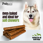 Dog treats with a husky and promotional text about oven-baked treats for soft chewers.