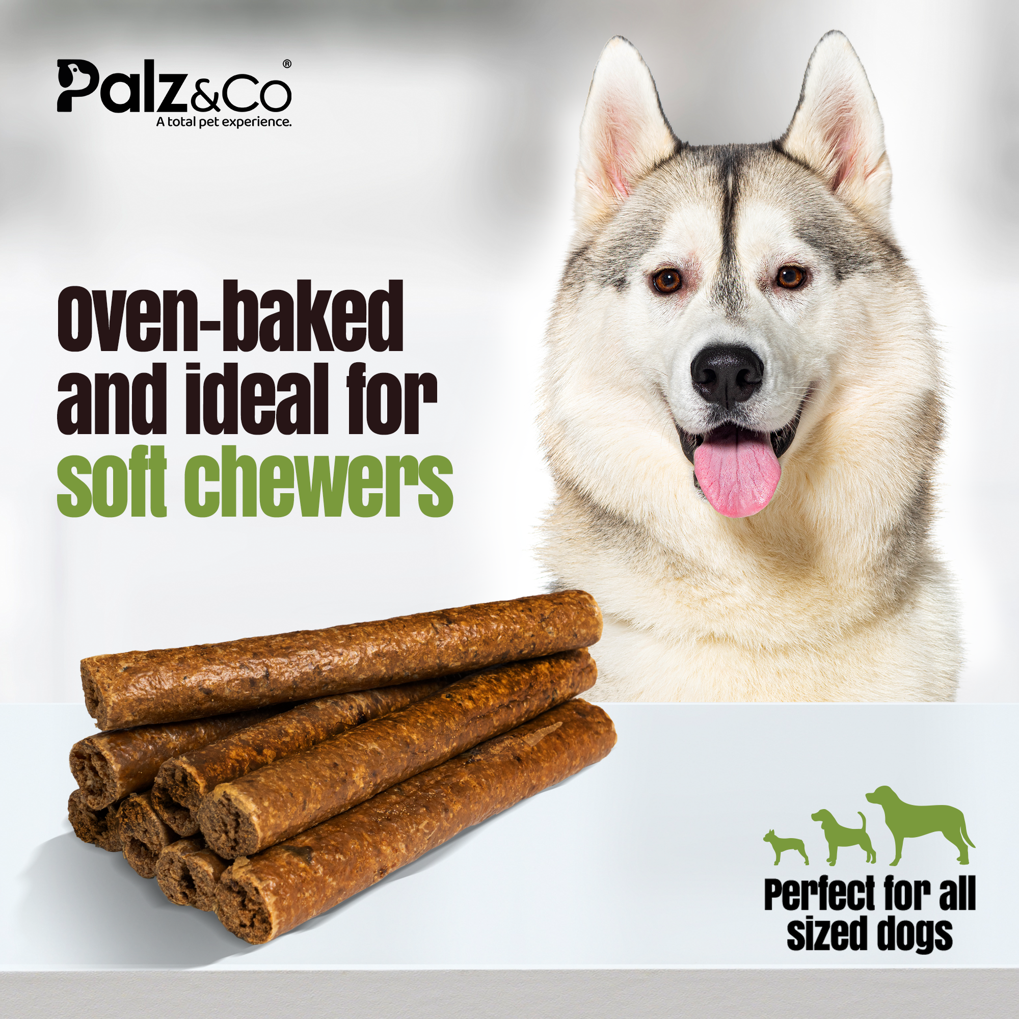 Dog treats with a husky and promotional text about oven-baked treats for soft chewers.
