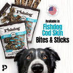 Fishdog dog treat packages with a dog's face in front and text about cod skin bites and sticks.