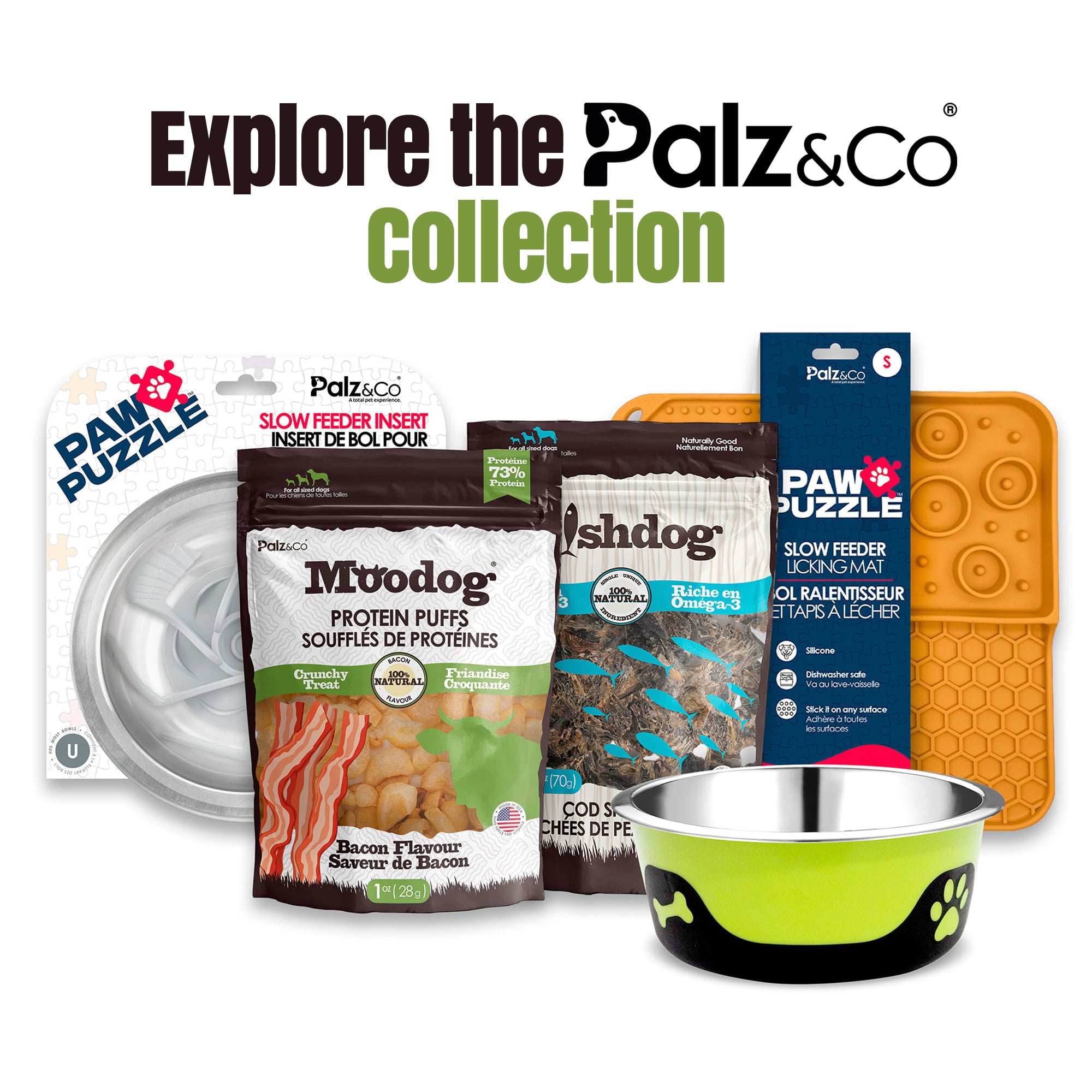 Palz & Co pet products including bags, a bowl, and puzzle toys on a white background with 'Explore the Palz & Co Collection' text.
