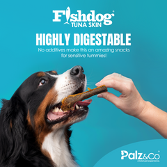 Advertisement for Fishdog tuna skin dog treats with dogs and packaging on a blue and gray background.