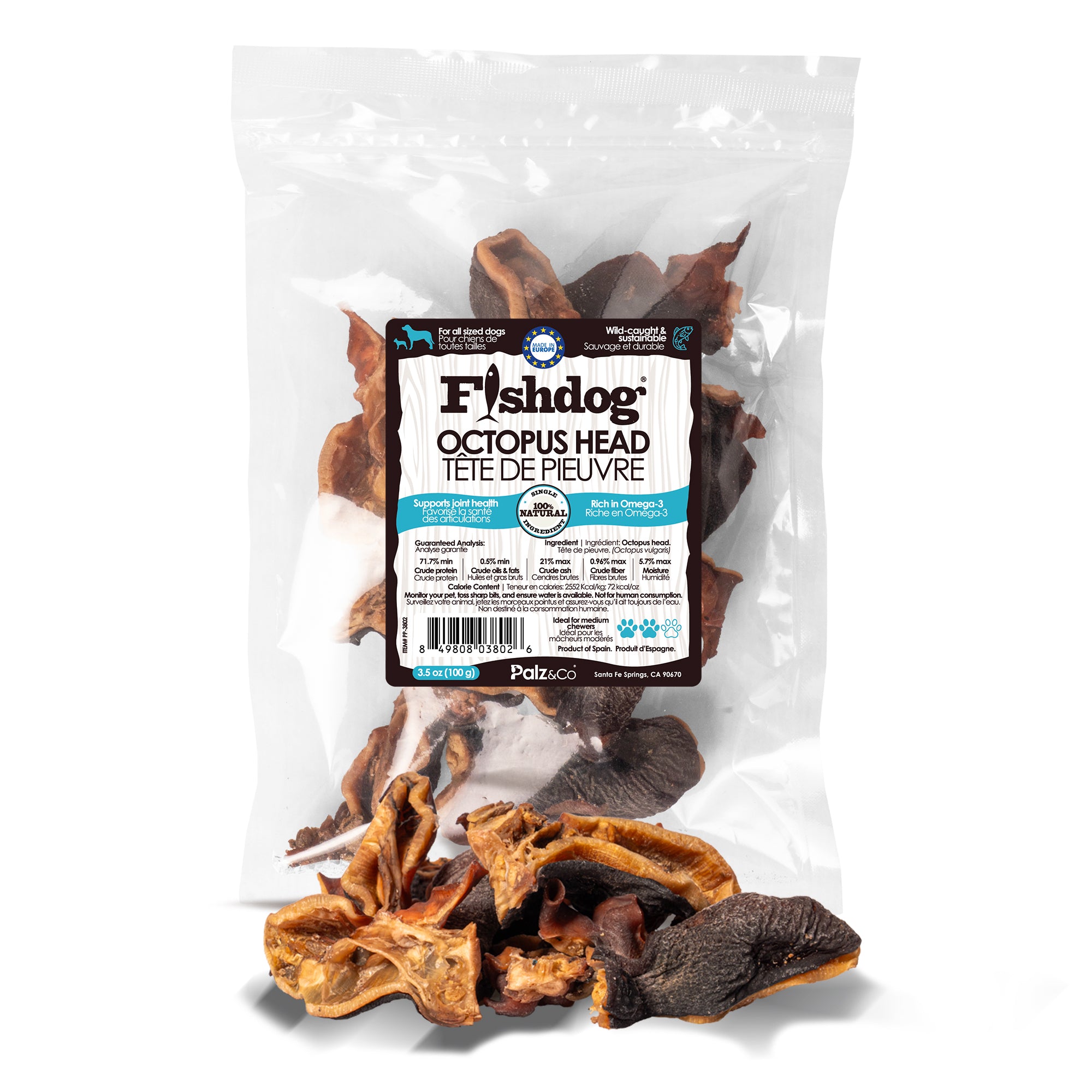 Package of Fishdog octopus head treats on a white background