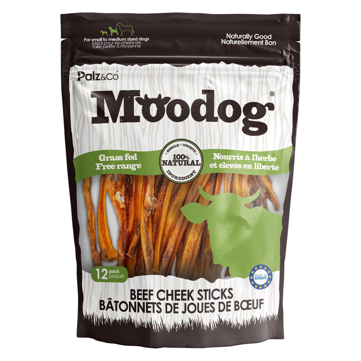 Front view of MooDog Beef Cheek Stick Chews, 12-pack Wholesale