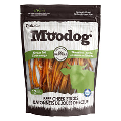 Front view of MooDog Beef Cheek Stick Chews, 12-pack Wholesale