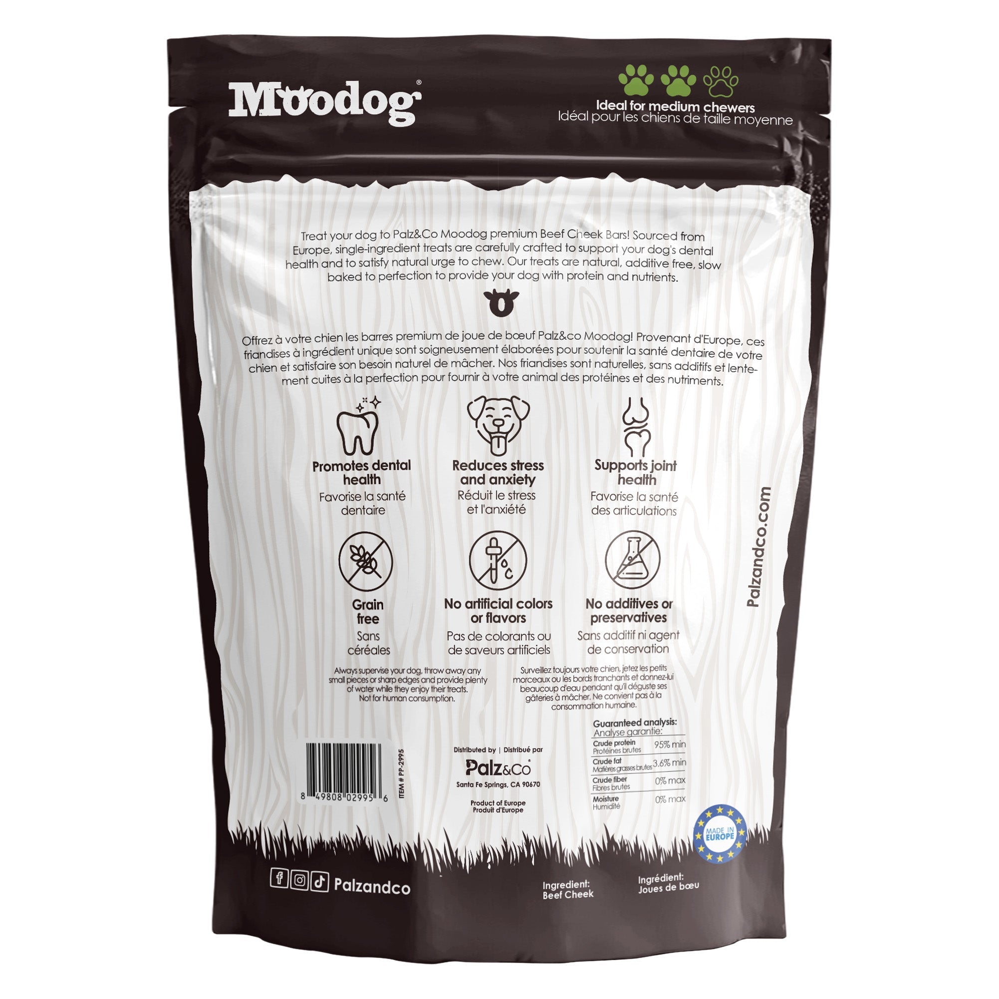 Back view of MooDog Beef Cheek Strips Bars, 6-pack Wholesale