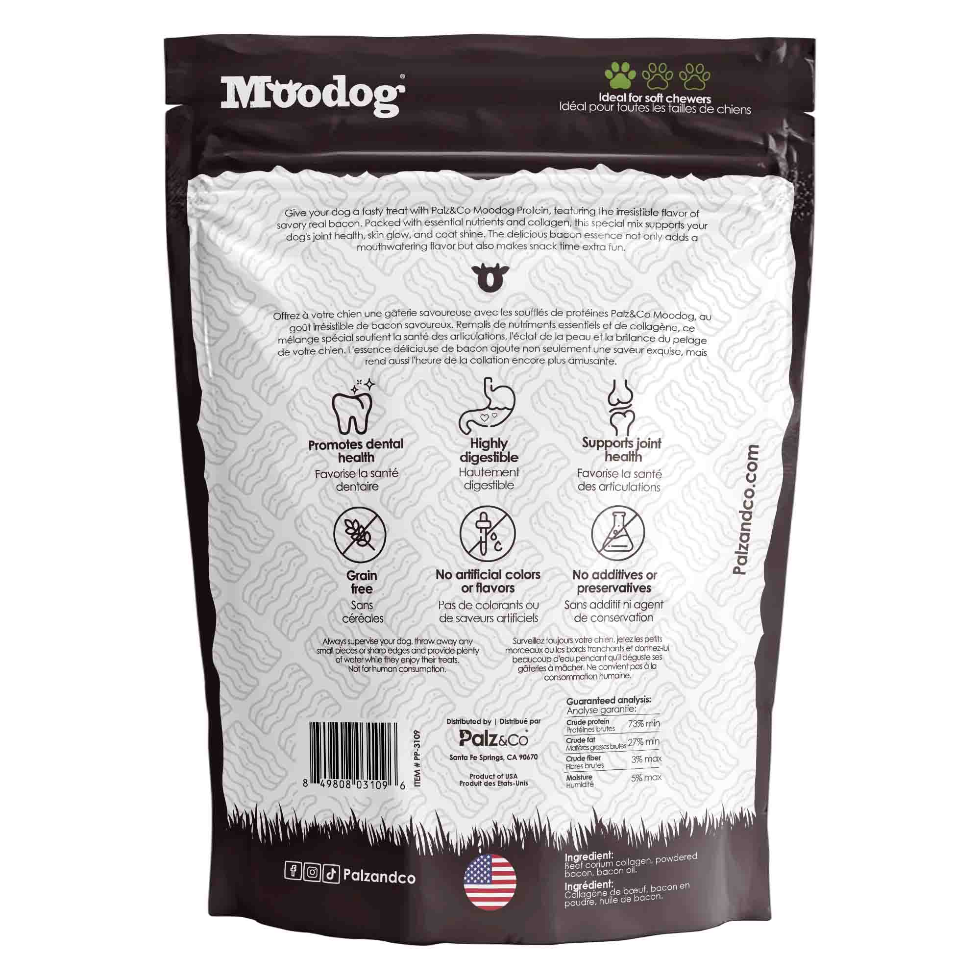 Back view of MooDog Protein Puffs Bacon, Wholesale