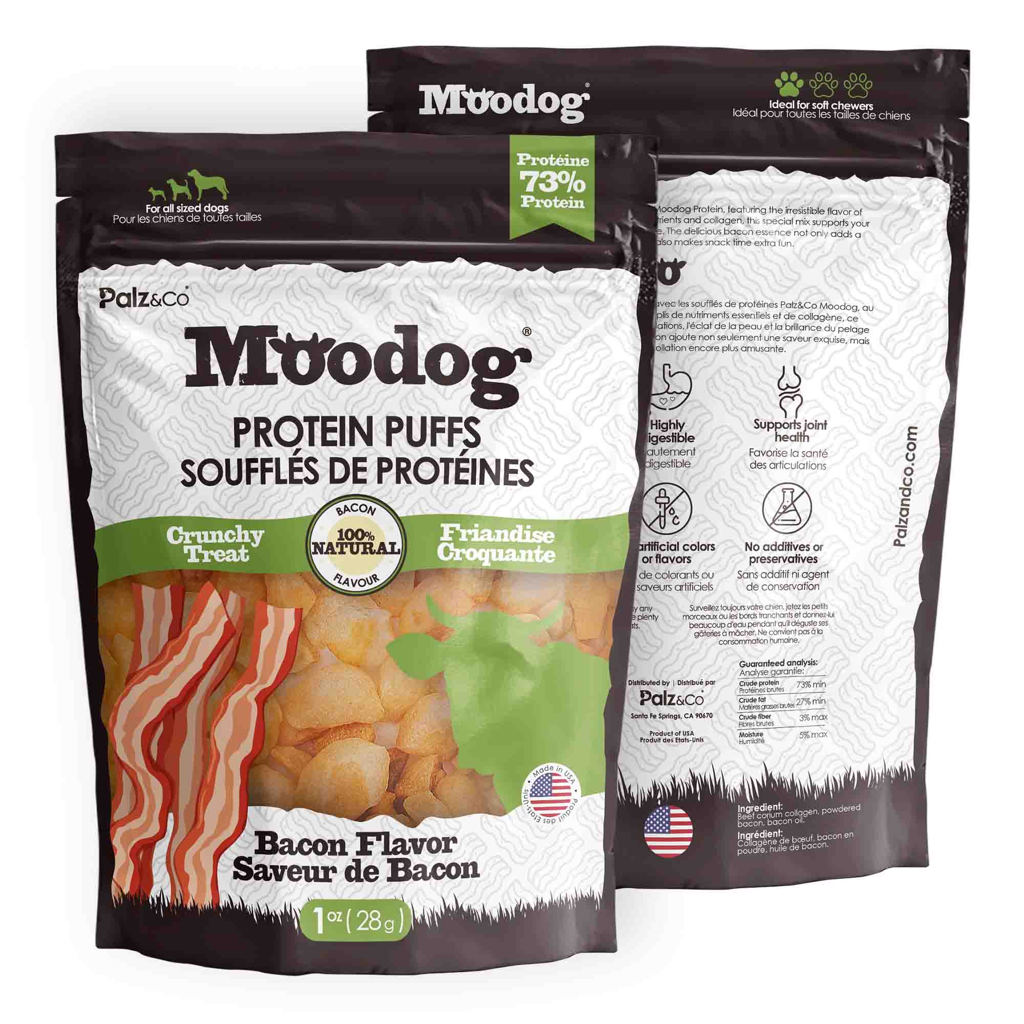 Alternate front view of MooDog Protein Puffs Bacon, Wholesale