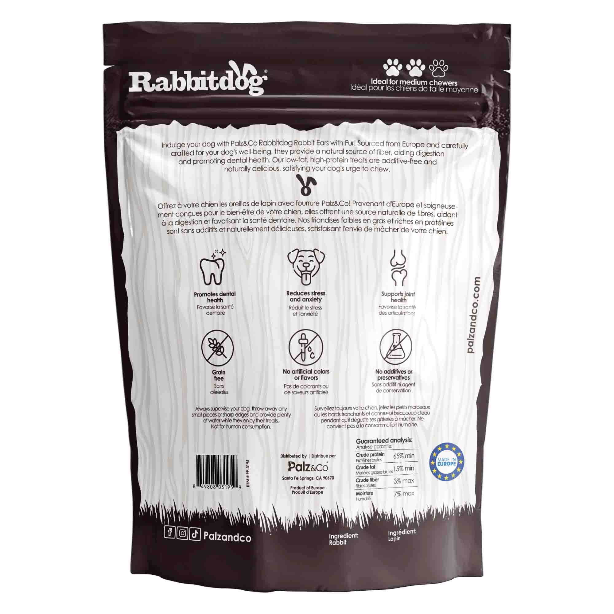 Back view of Palz & Co RabbitDog Rabbit Ear Chew Treats, 15 Pack (Furry) Wholesale