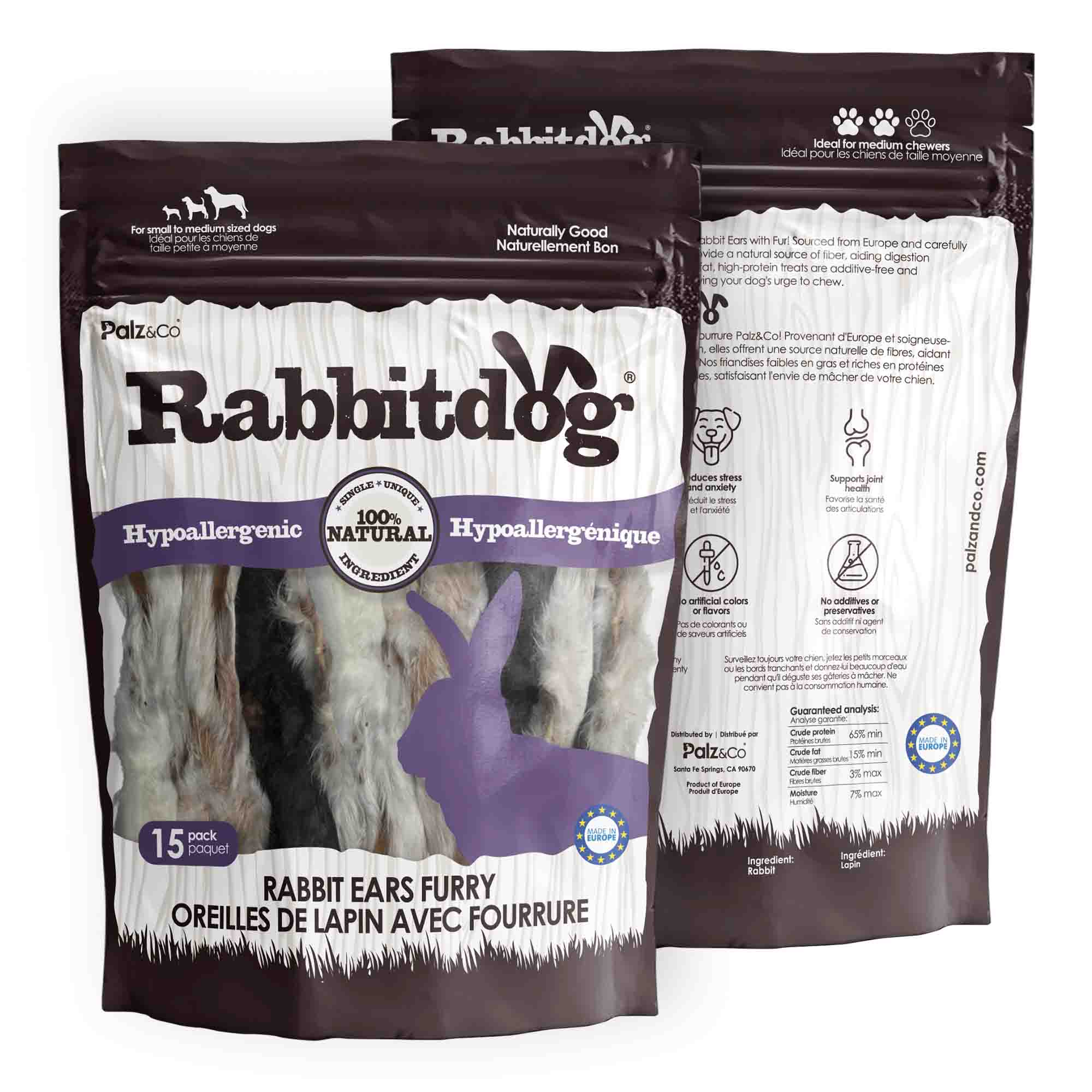 Alternate front view of Palz & Co RabbitDog Rabbit Ear Chew Treats, 15 Pack (Furry) Wholesale