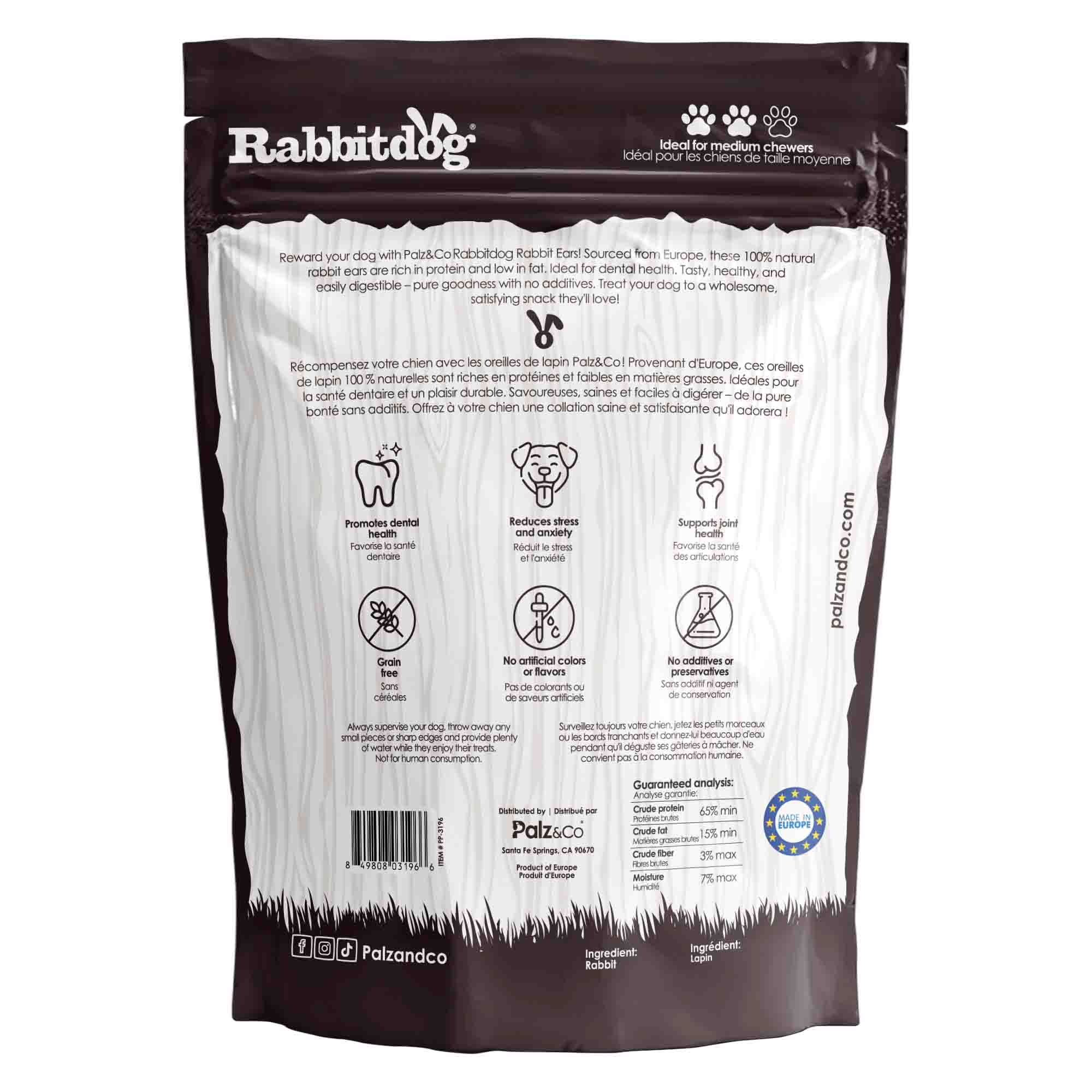 Back view of Palz & Co RabbitDog Rabbit Ear Chew Treats, 15 Pack (No Fur) Wholesale